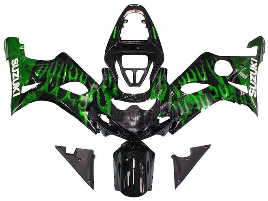 Amotopart 2000-2002 Suzuki GSXR1000 Cladding Black & Green Flame Kit