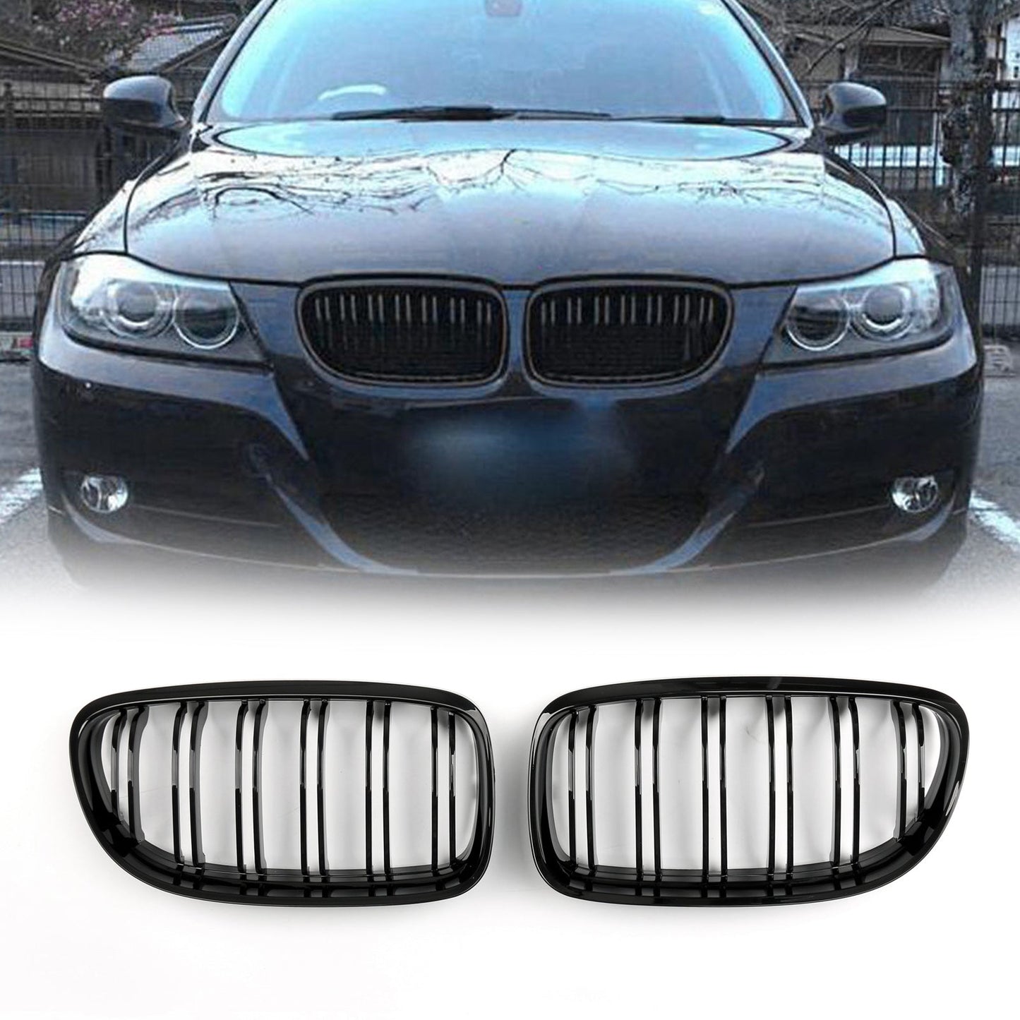 Front Kidney Hood Grilles Gloss Black For BMW E90/E91 LCI 3 Series (2008-2012) Generic