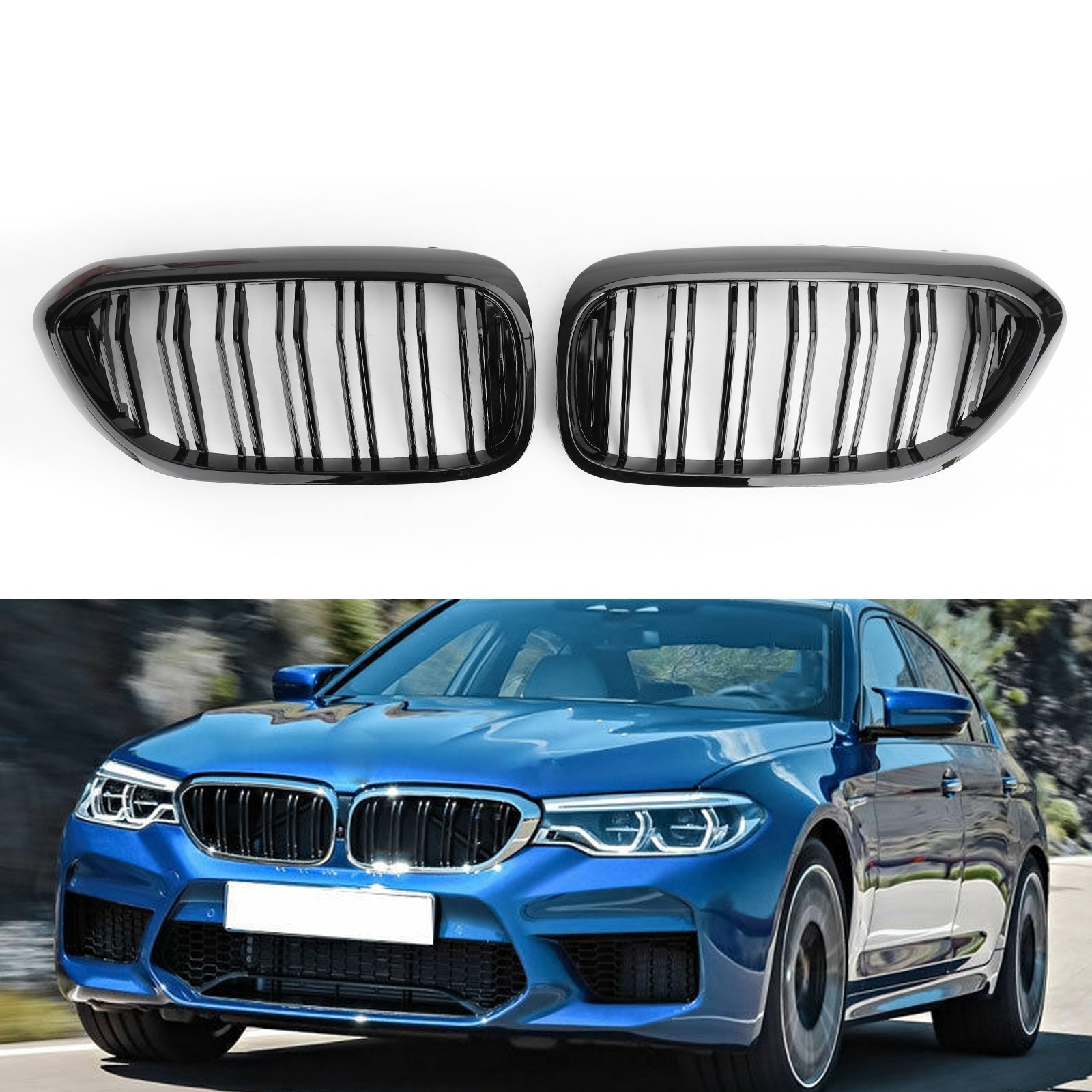 Front Kidney Grille Glossy Black Double Slat For BMW 5Series G30 G31 Sedan 17-19