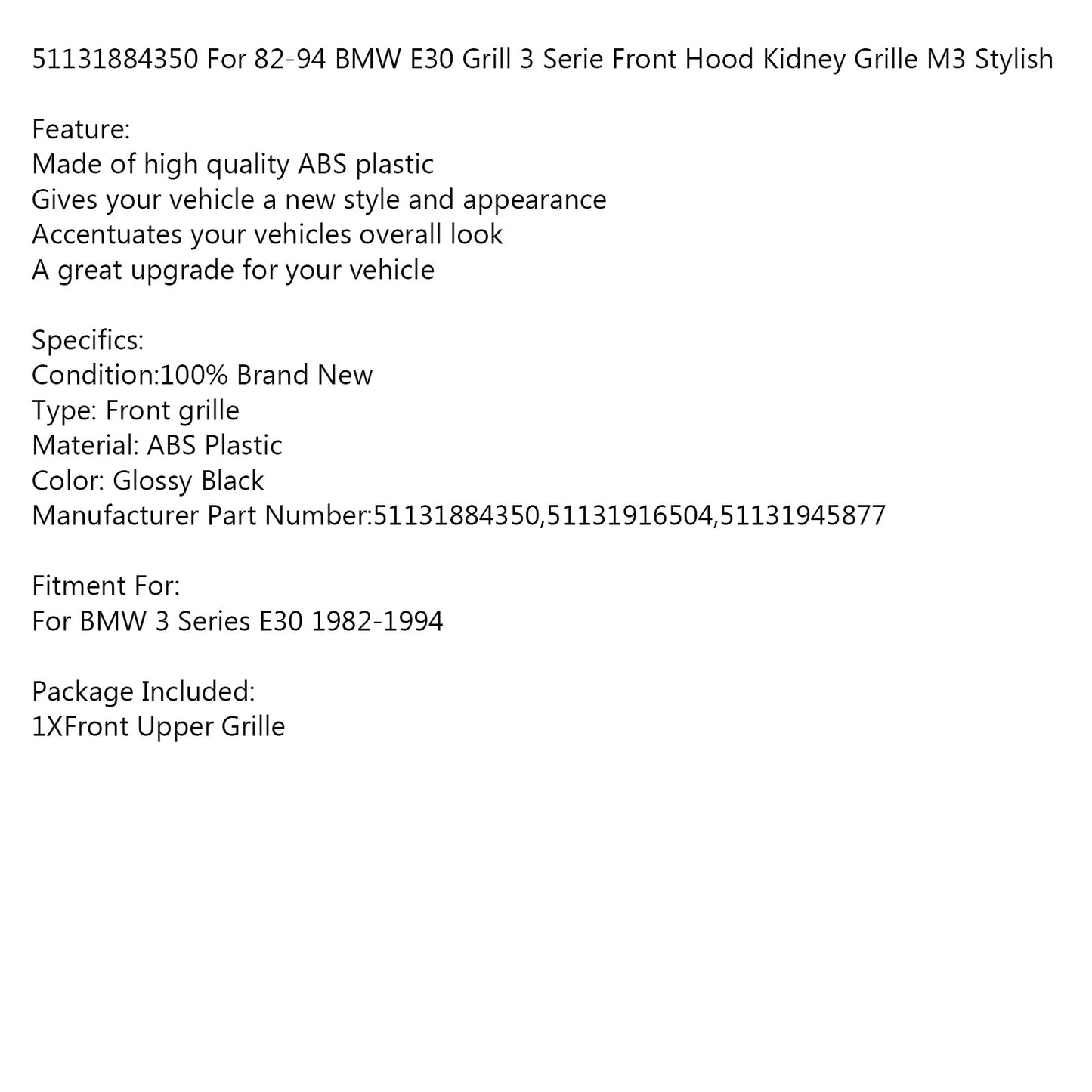51131884350 Per 82-94 BMW E30 Griglia 3 Serie Front Hood Rene Griglia M3 Elegante Generico