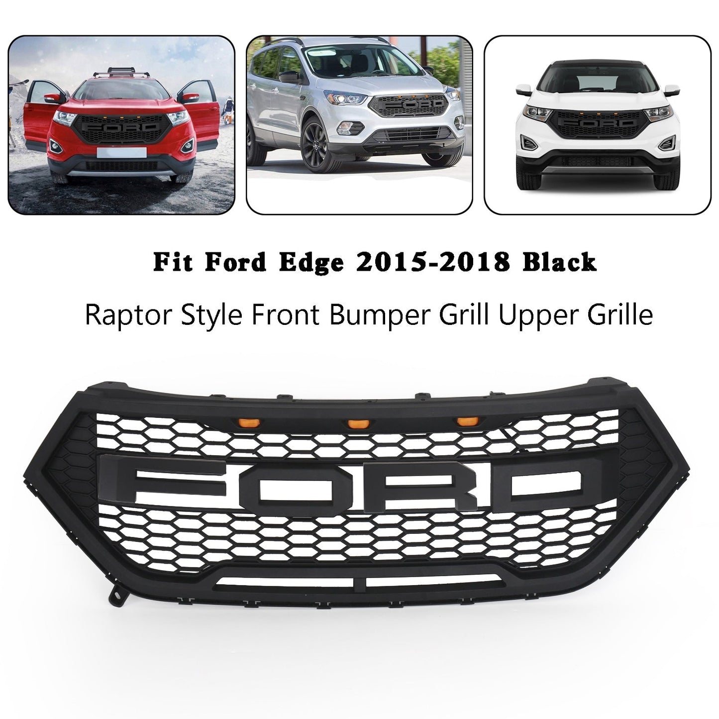 15-18 Ford Edge Black Raptor Style griglia paraurti anteriore griglia superiore + luci LED ambra