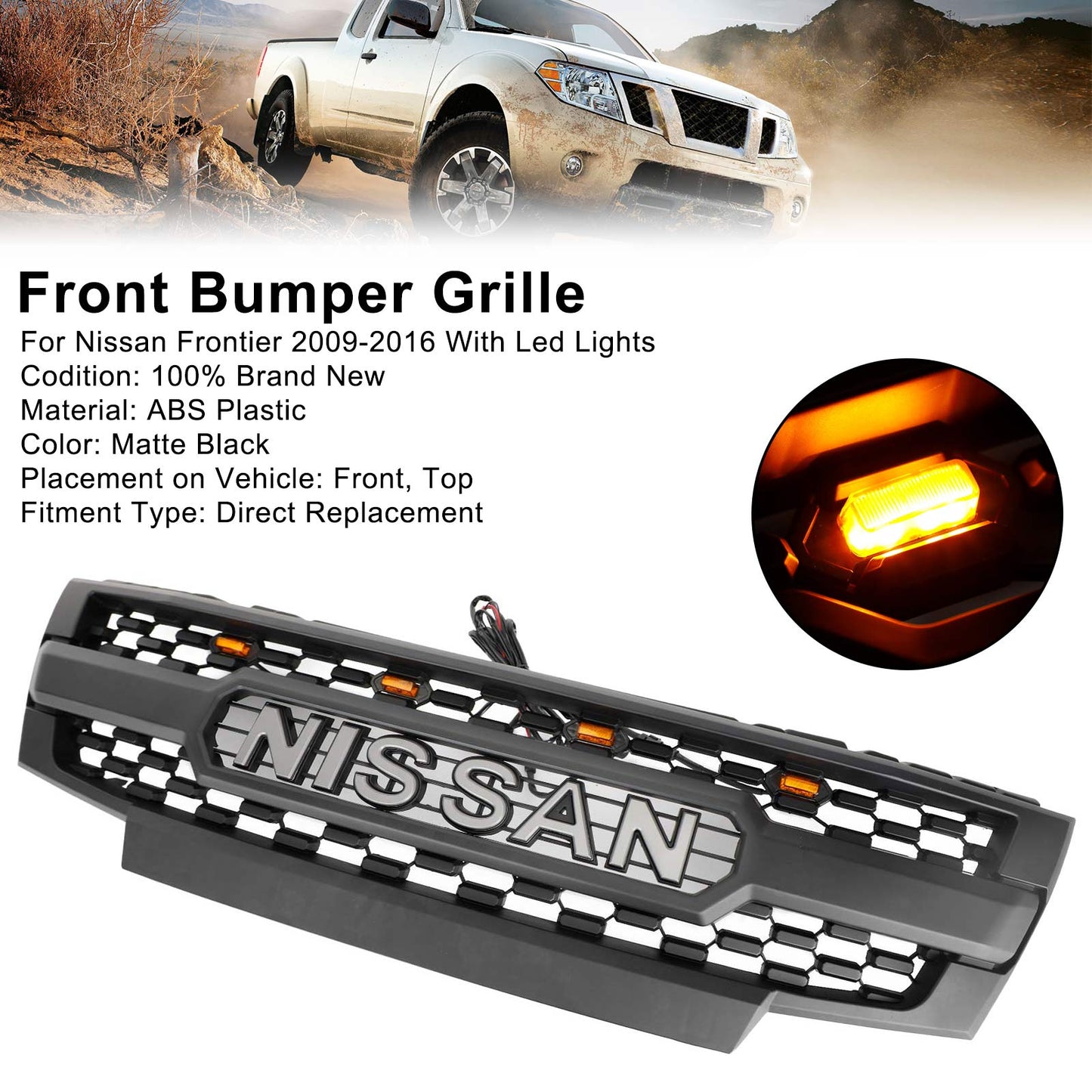 Nissan Frontier 2009-2016 Griglia paraurti anteriore nera con luci a LED