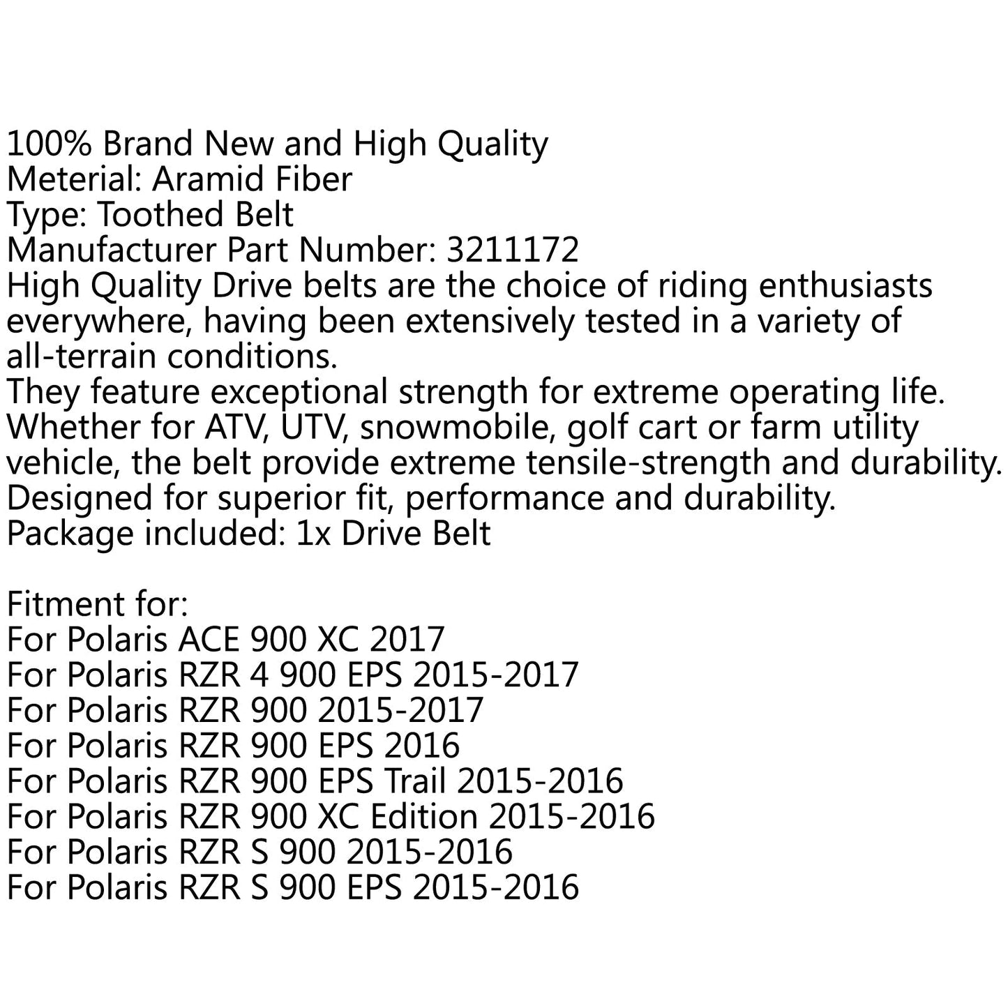 ATV Cinghia di Trasmissione 26G4140 Per Polaris RZR 900 Trail EPS 2015 2016 3211172 Generico