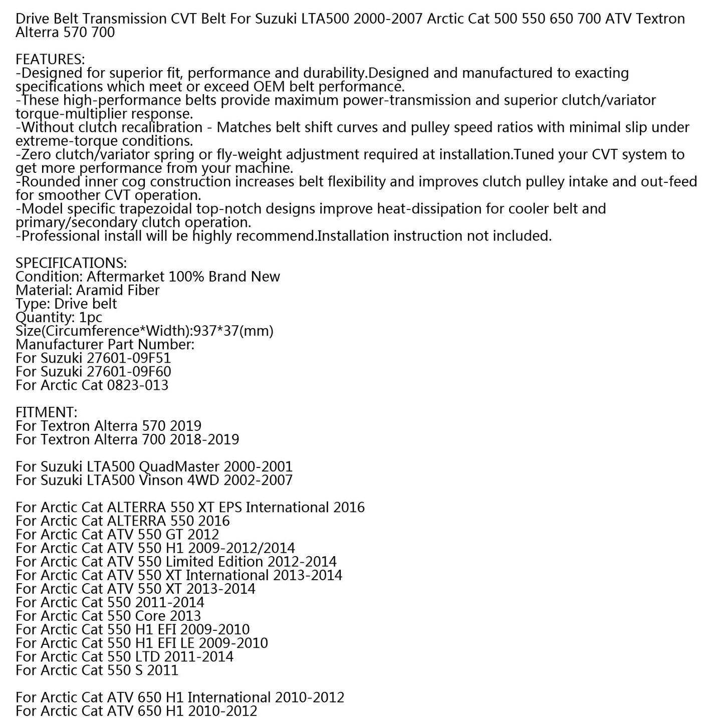 Cinghia di trasmissione di ricambio per Arctic Cat 0823-013 Suzuki 27601-09F51 27601-09F60 Generico