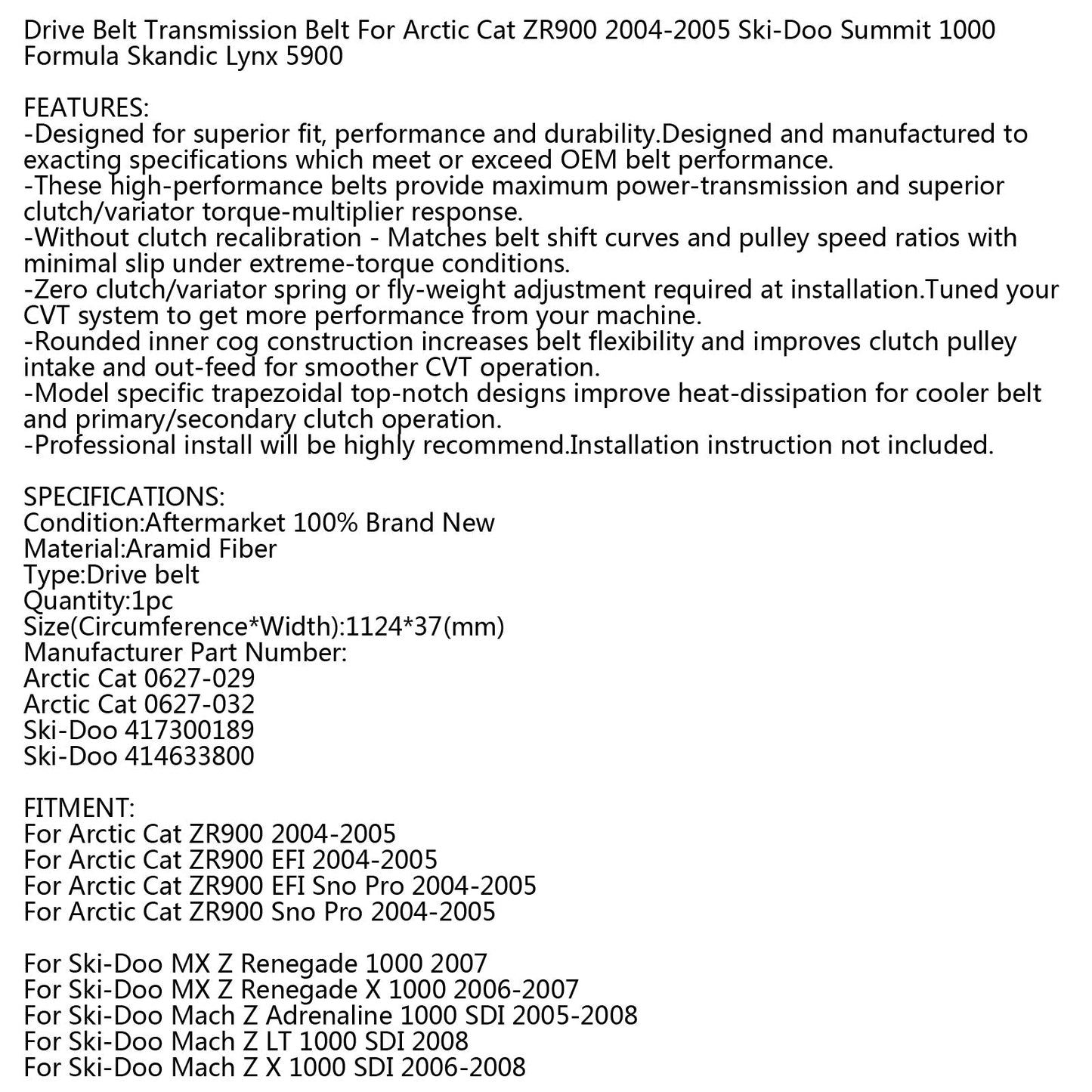 Cinghia di trasmissione per Arctic Cat 0627-029 0627-032 Motoslitta ZR900 EFI SNO PRO 04-05 Generico