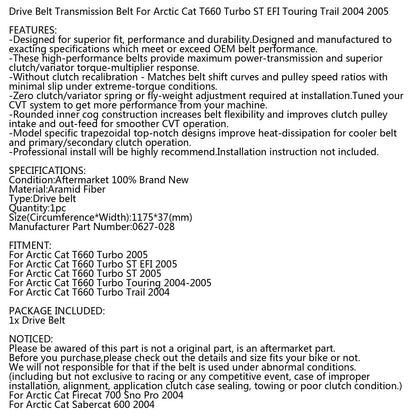 Cinghia di trasmissione per motoslitta Arctic Cat 0627-028 T660 Turbo Trail Touring 2004-2005 Generico