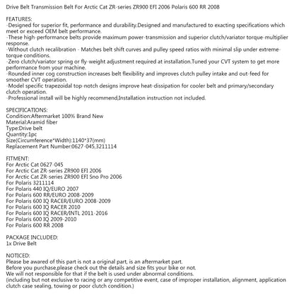 Cinghia di trasmissione 0627-045 per Arctic Cat ZR900 EFI Polaris 600 RR IQ RACER 2008 Generico