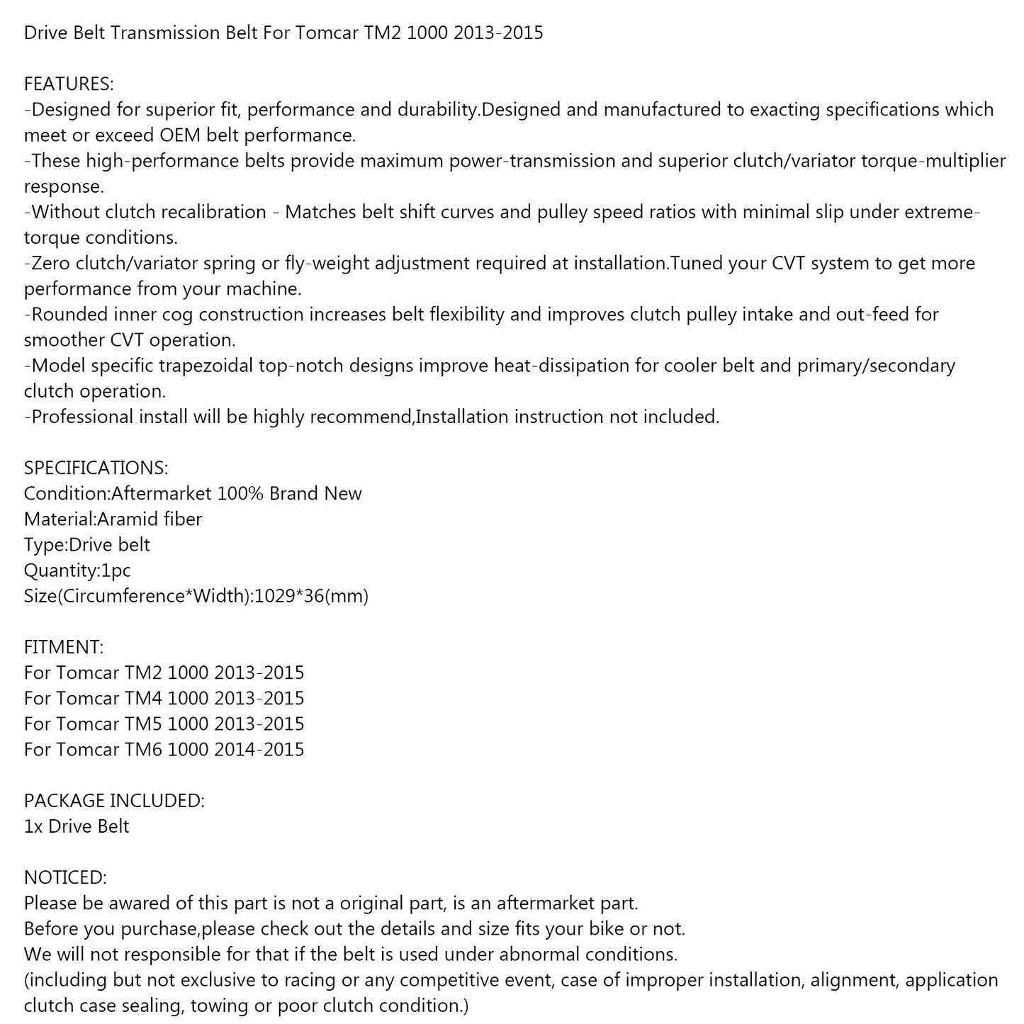 Cinghia di trasmissione per Tomcar TM2 1000 2013-2015 TM4 1000 2013-2015 TM5 1000 2013-2015 Generico
