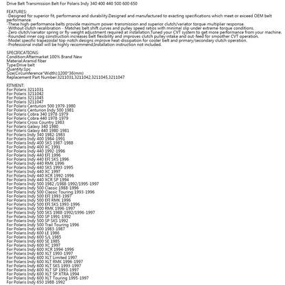Cinghia di trasmissione 3211047 per Polaris Cobra 340 Indy 400 440 500 600 1996 Star 250 Generico