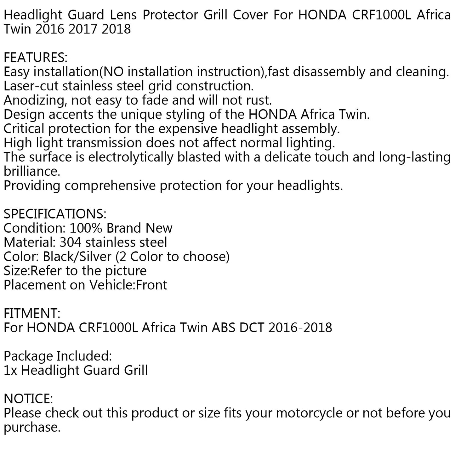 Proteggi griglia protezione faro per HONDA CRF1000L AFRICA TWIN 2016-2018 Generico