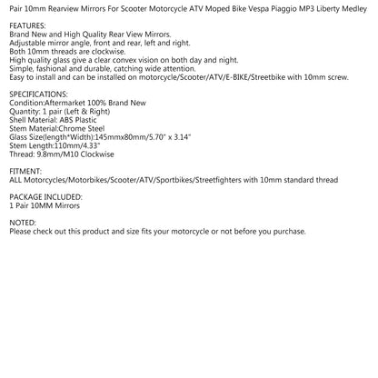 COPPIA SPECCHIETTI MOTO M10 / 10MM FILETTO UNIVERSALE MOTO/BICI/SCOOTER - CW Generic