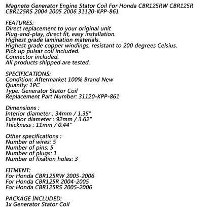 Generatore Statore Bobina 18 Poli Per Honda CBR 125 CBR125RW CBR125RS CBR125R 04-06 Generico