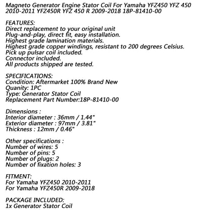 Alternatore Statore Bobina 18 Poli Per Yamaha YFZ450 YFZ450R 09-18 18P-81410-00-00 Generico