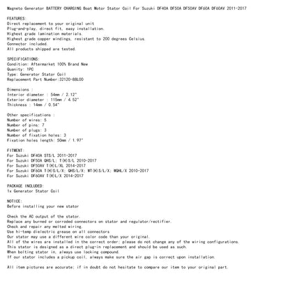 Statore Bobina di Ricarica Per Suzuki DF40A DF50A DF60A 10-17 Fuoribordo 32120-88L00 Generico