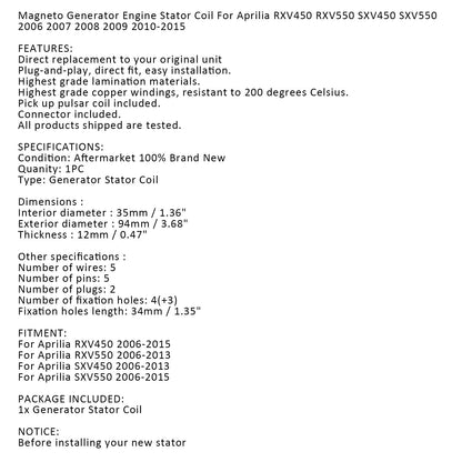 Bobina statore alternatore per Aprilia RXV450 RXV550 SXV450 SXV550 2006-2015 Generico