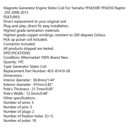 Generatore Statore Per Yamaha Raptor 250 YFM250 YFM250R 2008-2013 4D3-81410-00 Generico