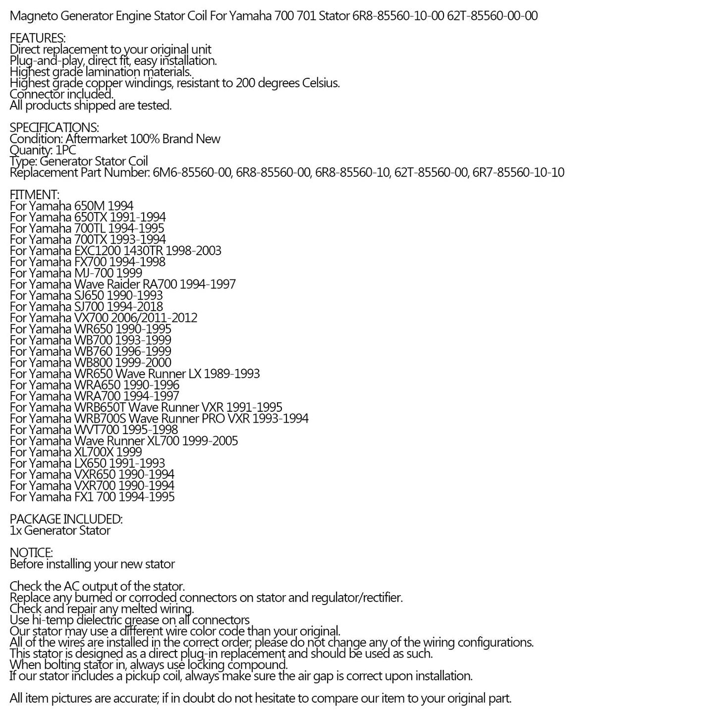 Statore Per Yamaha 650 700 701 6R8-85560-10-00 62T-85560-00-00 6R7-85560-10-00 Generico
