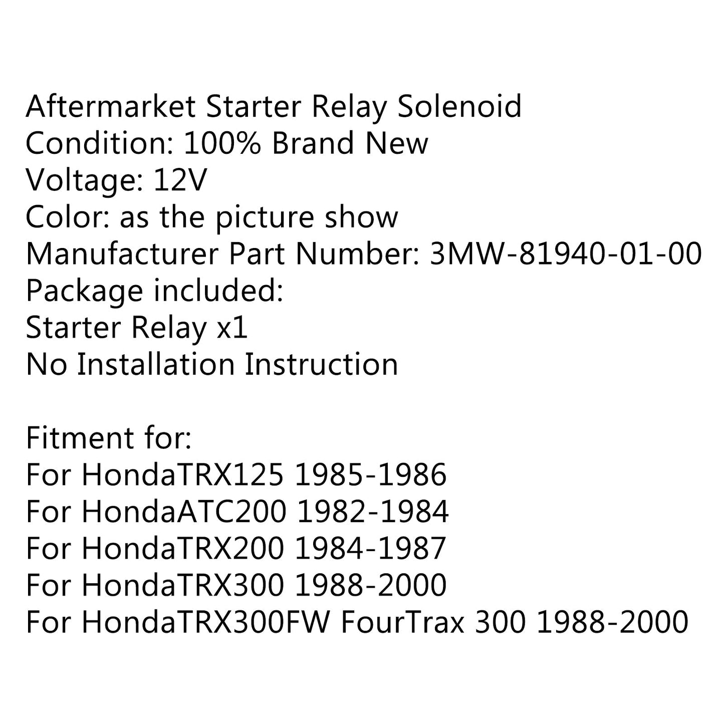 Relè solenoide avviamento accensione per Honda TRX125 85-86 ATC200 TRX 200 300 generico