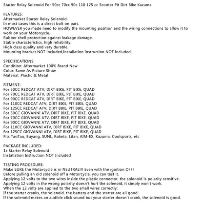 Relè di avviamento solenoide per 50cc 70cc 90c 110 125 cc Scooter Pit Dirt Bike Kazuma generico