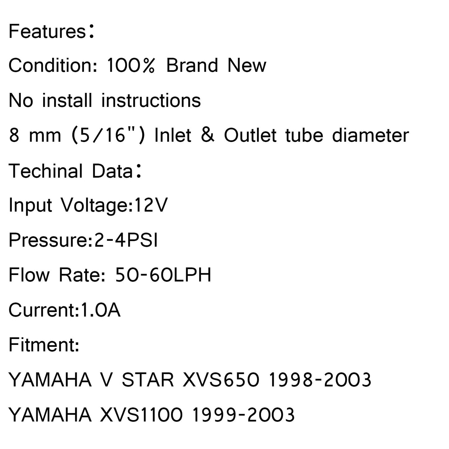 Pompa carburante 8mm per YAMAHA V STAR 1998-2003 XVS650 e 1999-2003 XVS1100 generico