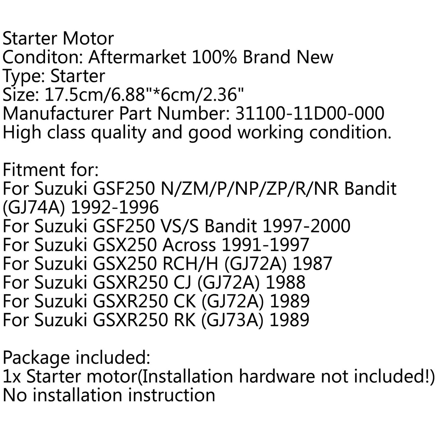 Motorino di Avviamento Per Suzuki GSF250 VS/S Bandit 1997-2000 GSX250 Attraverso 1991-1997 Generico