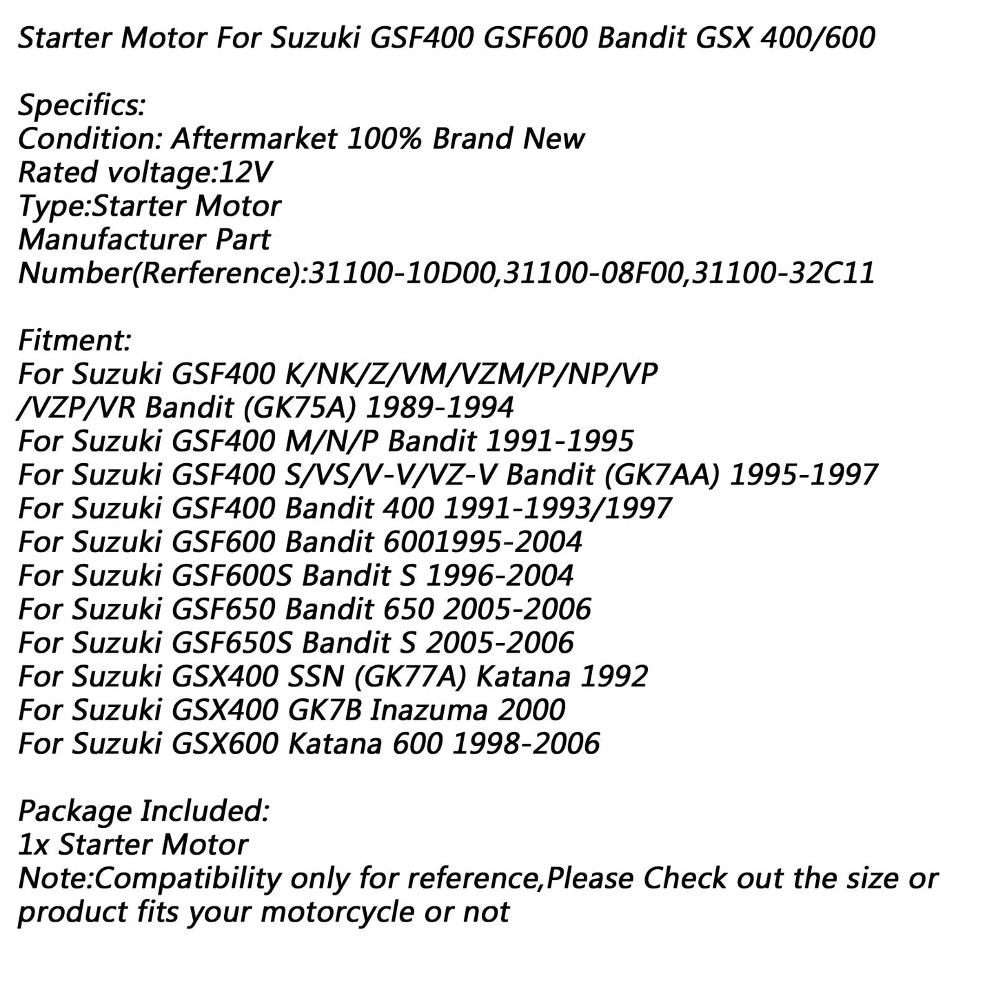 Motorino di avviamento elettrico per Suzuki GSF400 91-95 GSF600 Bandit GSX 400 600 GSF650 Generico