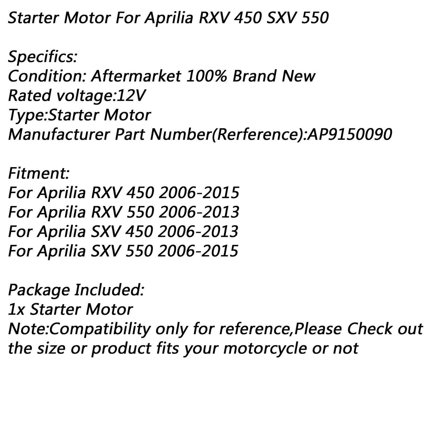 Motorino di avviamento elettrico per Aprilia RXV 450 2006-2015 RXV 550 2006-2013 SXV 450 Generico