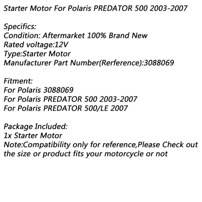 Motorino di avviamento elettrico per Polaris PREDATOR 500 2003-2007 PREDATOR 500/LE 2007 Generico