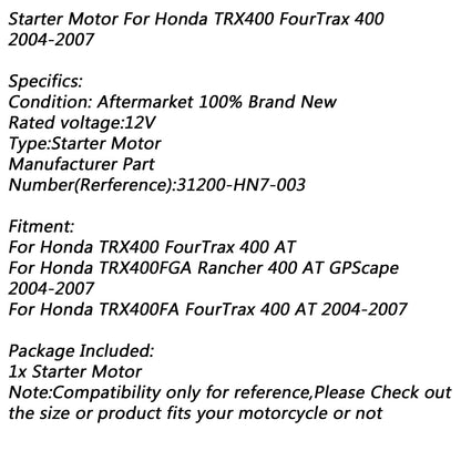 Motorino di avviamento elettrico per Honda TRX400 FourTrax 400 AT TRX400FGA 2004-2007 Generico