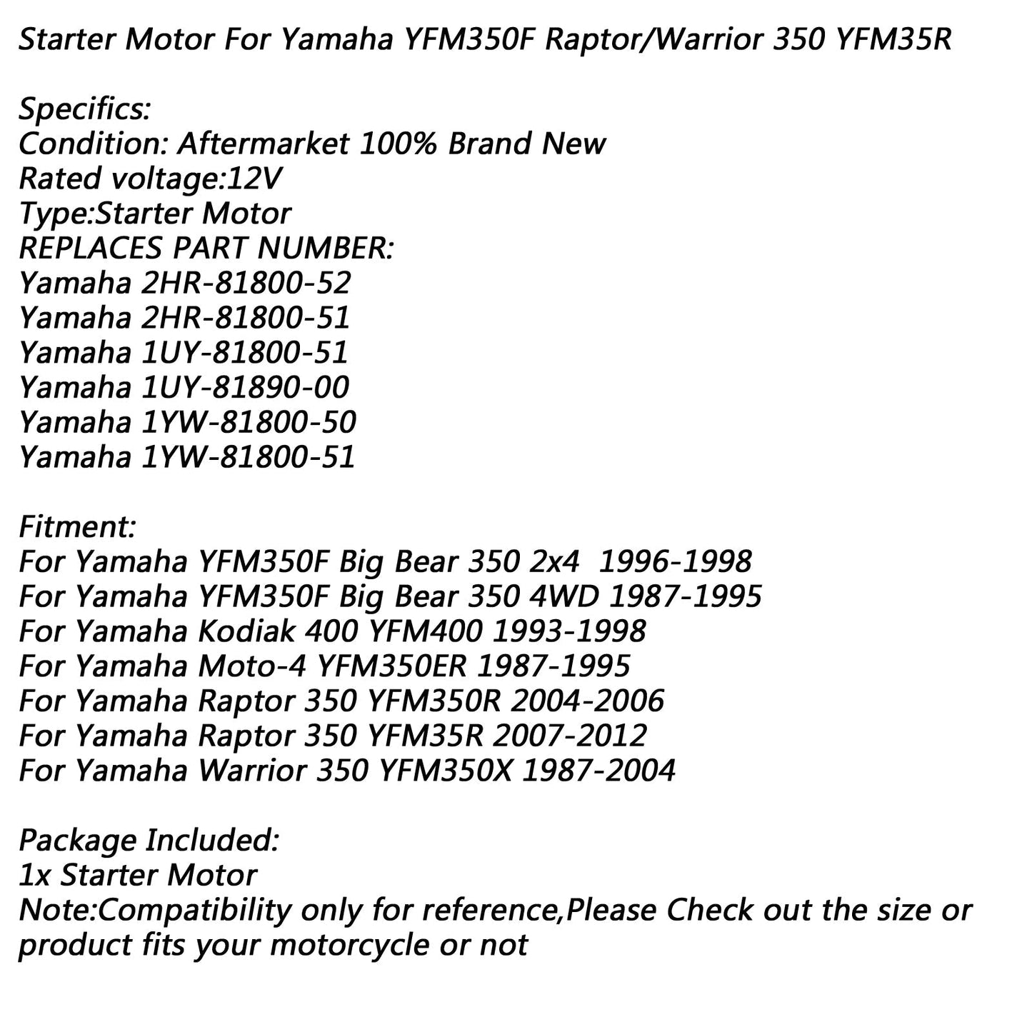 Motorino di avviamento elettrico per Yamaha YFM350F Big Bear 350 4WD YFM350R Raptor Moto-4 Generico