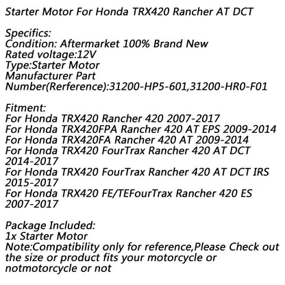 Motorino di avviamento elettrico per Honda TRX420 Rancher 420 2007-2017 AT DCT 2014-2017 Generico