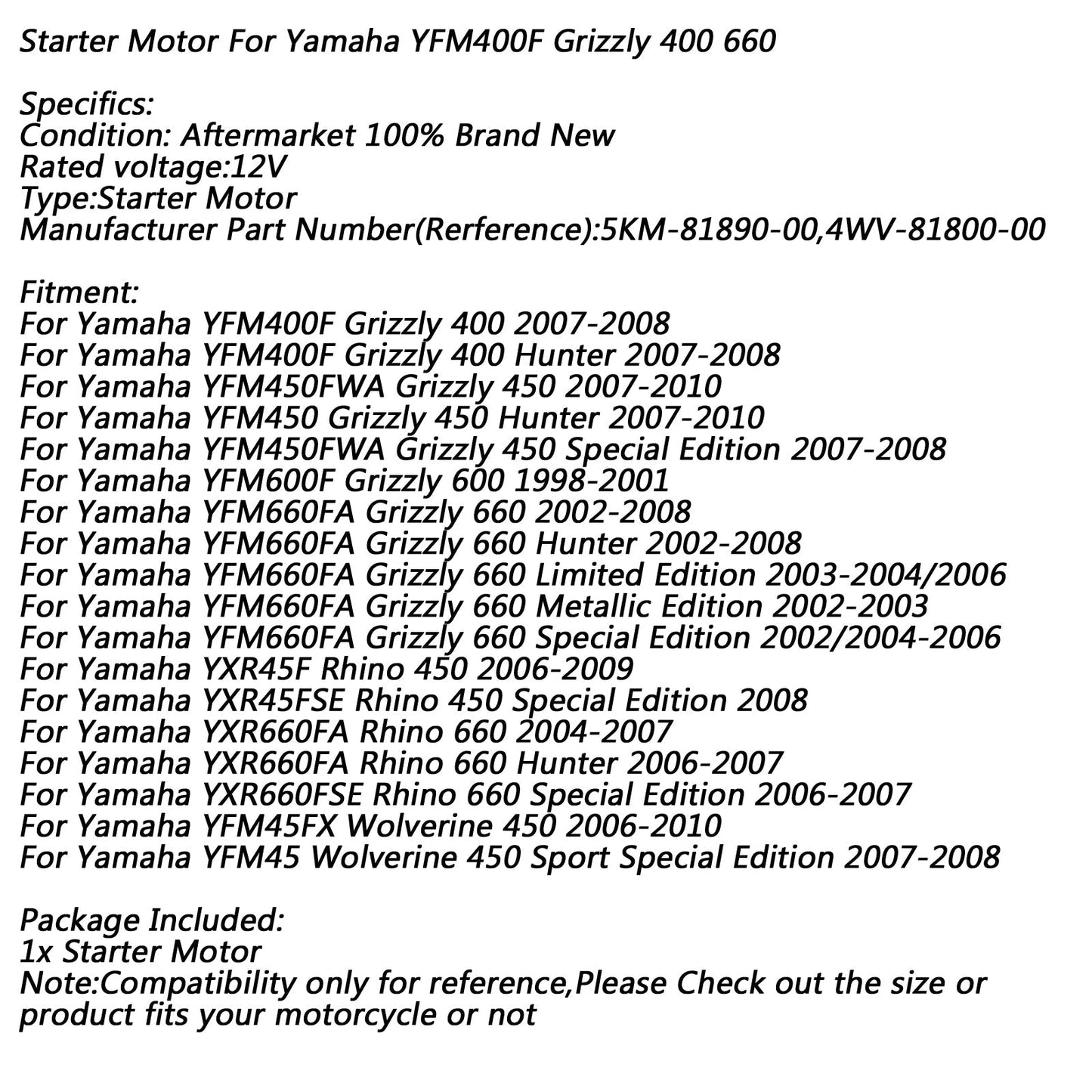 Motorino di avviamento elettrico per Yamaha YFM400F Grizzly 400 YFM 450 660 YFM45 2008 Generico