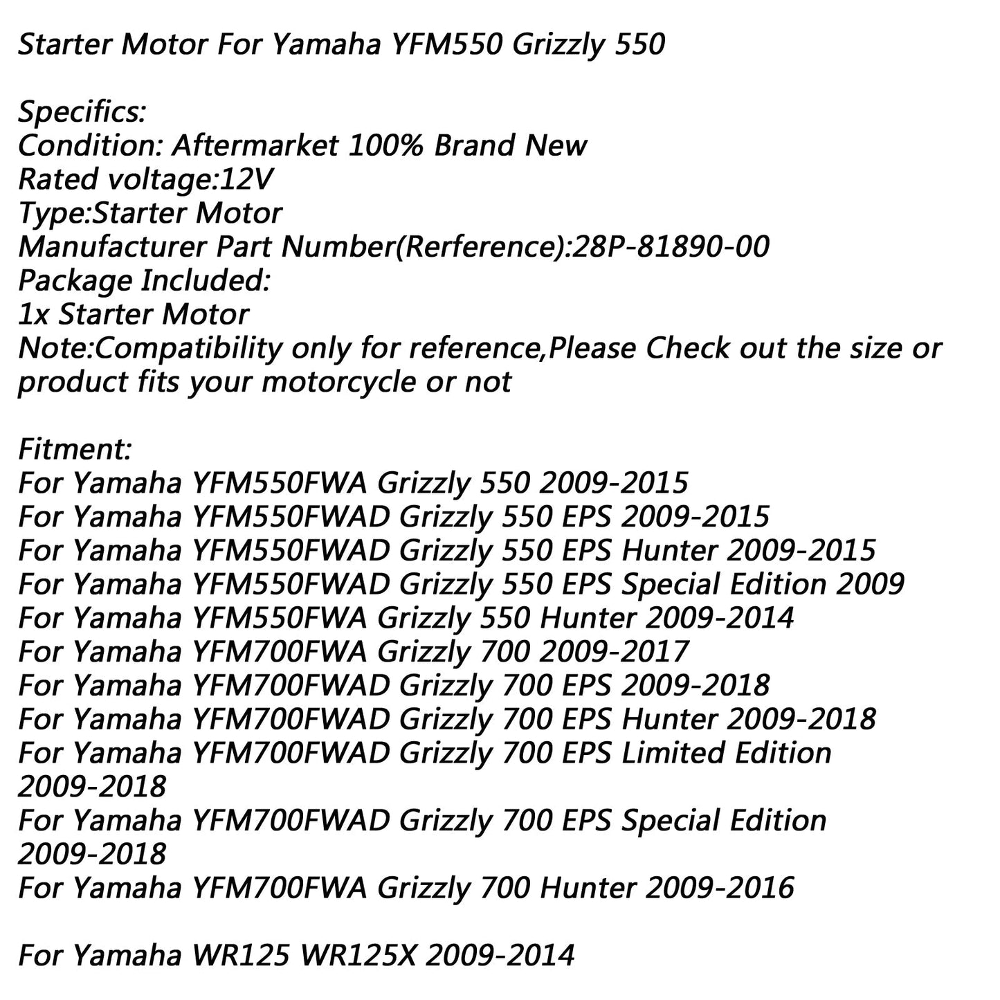 Motorino di avviamento elettrico per Yamaha YFM550FWA Grizzly 550 09-15 YFM700 EPS Hunter Generico