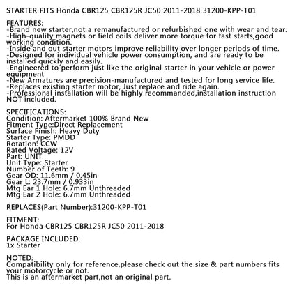 Nuovo motorino di avviamento PMDD CCW 9 denti 12V per Honda CBR125R JC50 2011-2018 31200-KPP-T01 generico