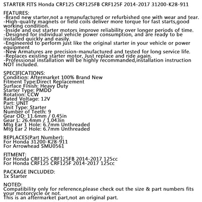 Nuovo motorino di avviamento PMDD CCW 9 denti 12V per Honda CRF125F CRF125FB 14-17 31200-K28-911 generico