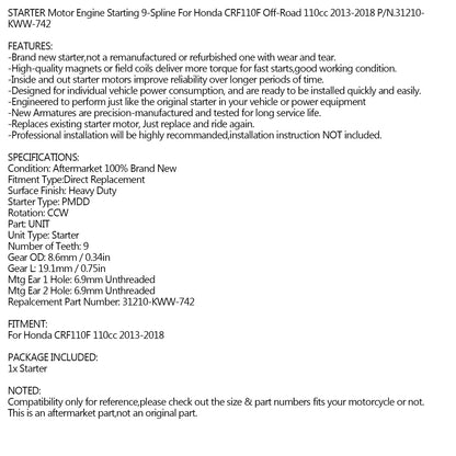 NUOVO motorino di avviamento PMDD CCW 9 denti per Honda CRF110F Off-Road 2013-2018 31210-KWW-742 generico