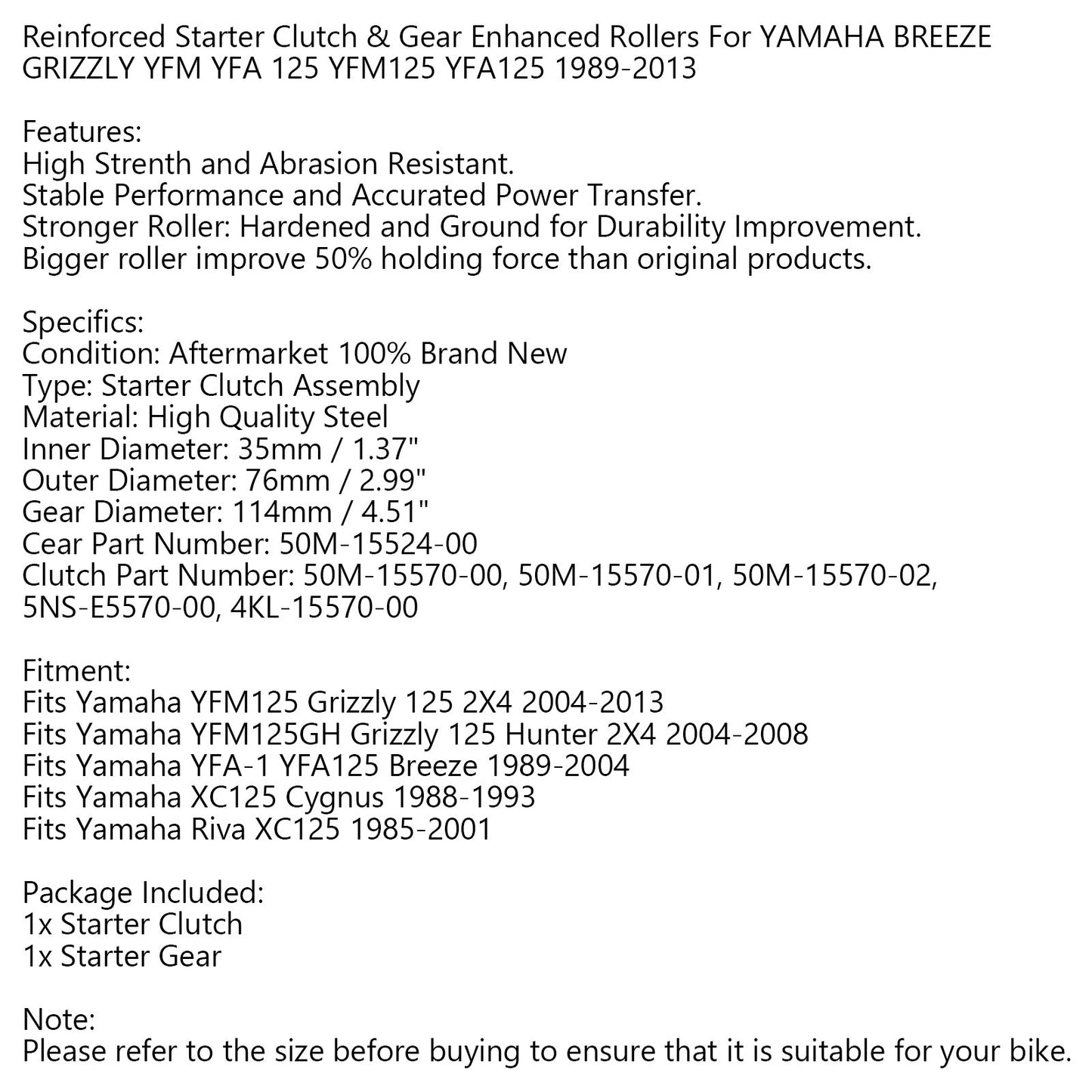 Rulli potenziati frizione avviamento per YAMAHA Breeze Grizzly 125 YFM125 YFA125 generico