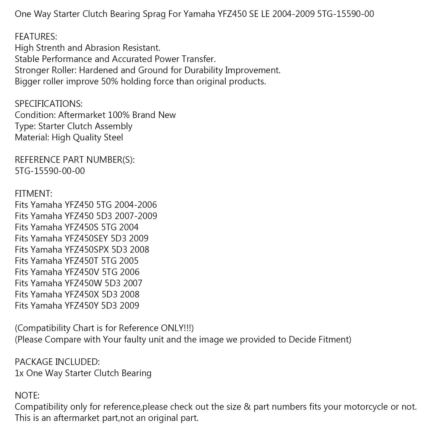 Cuscinetto frizione avviamento unidirezionale adatto per Yamaha YFZ450 SE LE 04-2009 5TG-15590-00 Generico