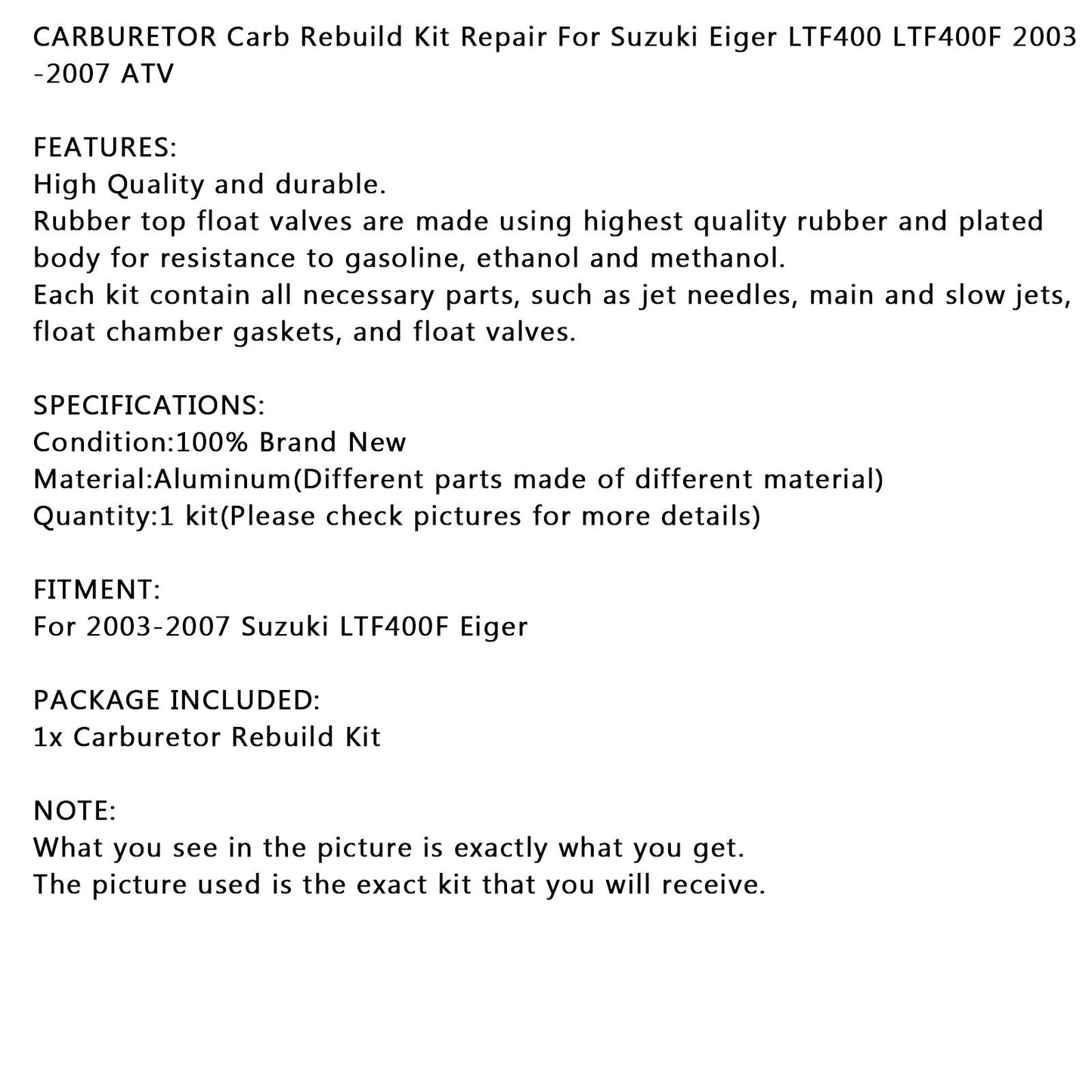 Carburatore Riparazione Carb Rebuild Kit Per Suzuki Eiger LTF400 LTF400F 2003-2007 ATV Generico