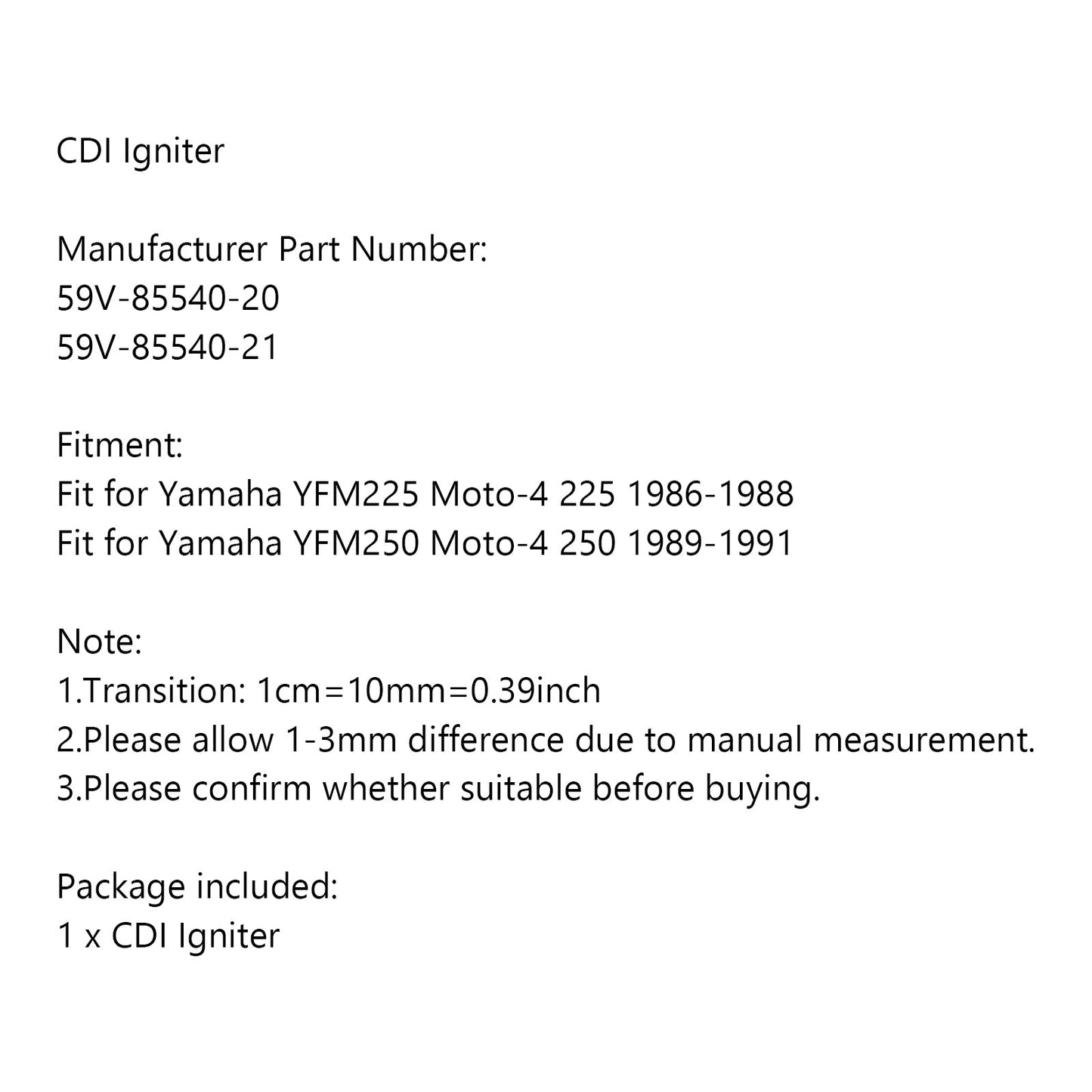 Accenditore CDI 59V-85540-20 adatto per Yamaha YFM225 Moto-4 86-88 YFM250 Moto-4 89-91 Generico