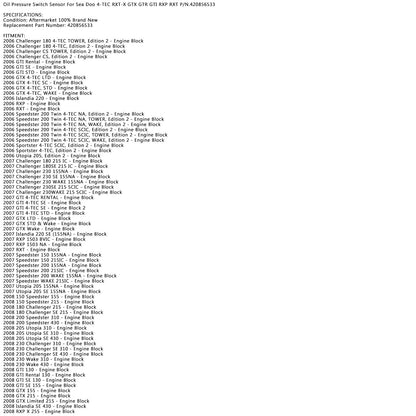 Sensore interruttore pressione olio per Sea Doo 4-TEC RXT-X GTX GTR GTI RXP RXT 420856533 Generico