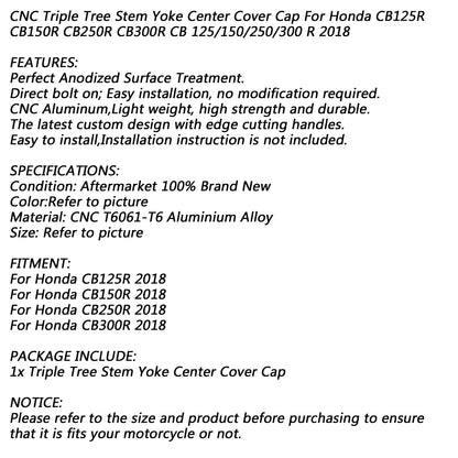 Tappo di copertura centrale per giogo a triplo albero per Honda CB125R CB150R CB250R CB300R 18 Generico