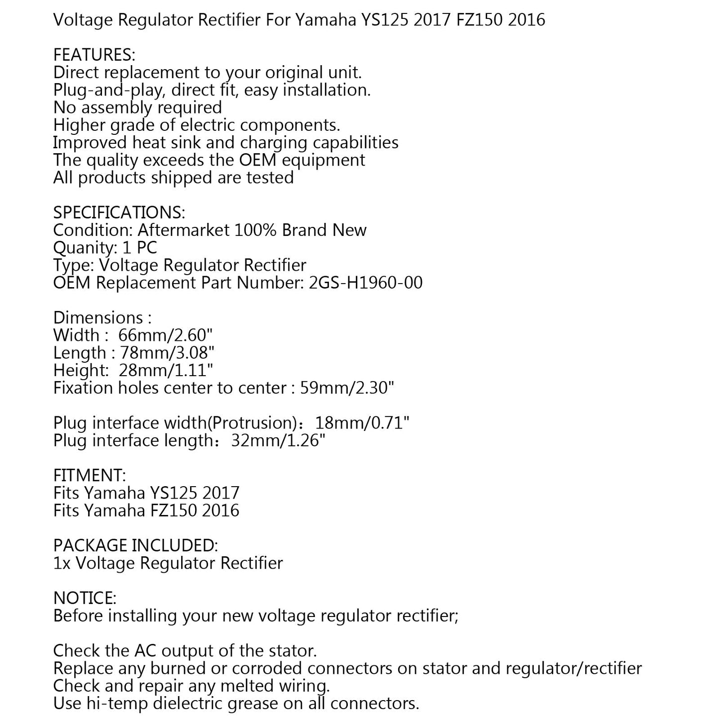 Nuovo Regolatore Di Tensione Raddrizzatore Per Yamaha YS125 2017 FZ150 2016 2GS-H1960-00 Generico