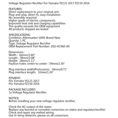 Nuovo Regolatore Di Tensione Raddrizzatore Per Yamaha YS125 2017 FZ150 2016 2GS-H1960-00 Generico