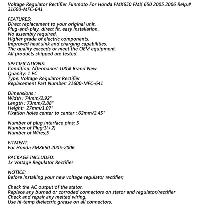 Regolatore raddrizzatore di tensione per Honda FMX650 2005-2006 Repl.# 31600-MFC-641 Generico