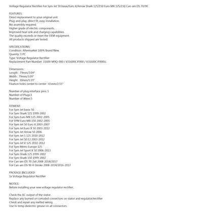 Regolatore raddrizzatore di tensione per SYM Jet Metro Euro MX Shark 50 125 31600-M9Q-000 Generico