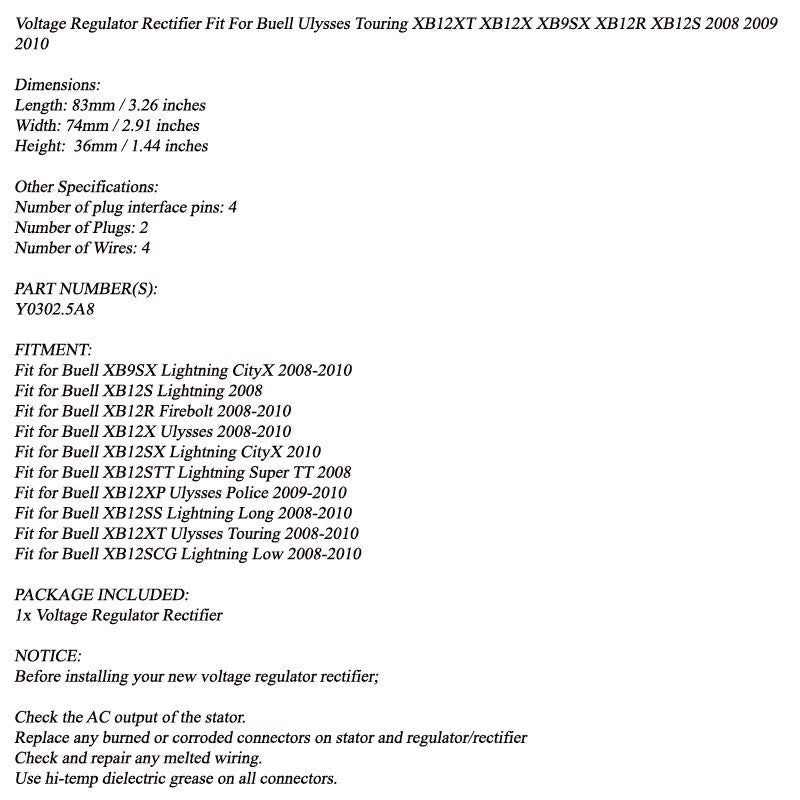 Raddrizzatore regolatore di tensione per Buell XB12R Firebolt XB12XT Ulysses XB9SX 08-10 Generico