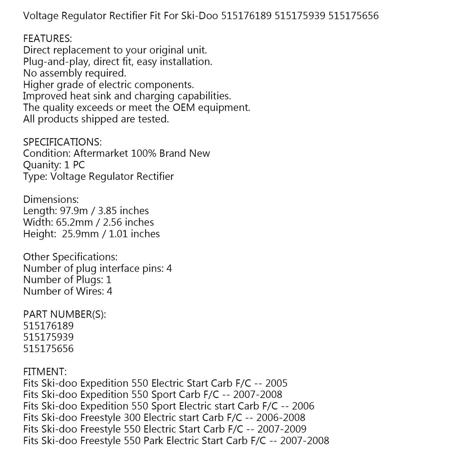 Regolatore di tensione per Ski-Doo Legend GTX GSX Expedition Skandic 380 550 Carb F/C Generico