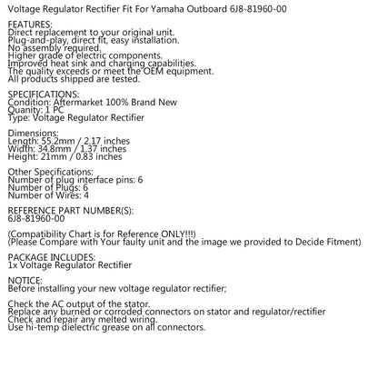 Regolatore raddrizzatore 6J8-81960-00 adatto per fuoribordo Yamaha 6hp - 50hp 1990 - 2013