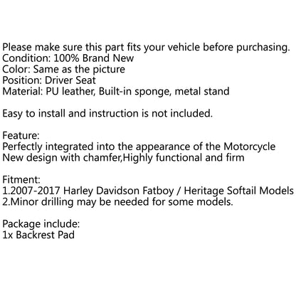 Imbottitura per schienale pilota regolabile per Harley Fatboy Heritage Softail 07-17 Generico